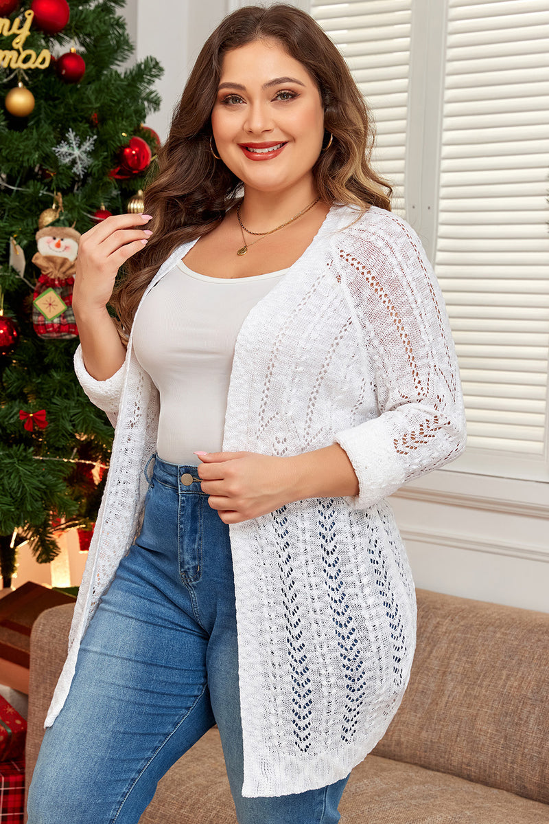 White Plus Size Eyelet Knit Open Front Cardigan