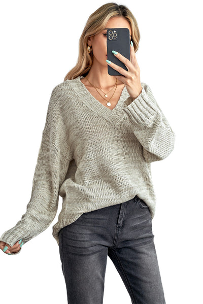 Khaki V neck Drop Shoulder Knitted Sweater