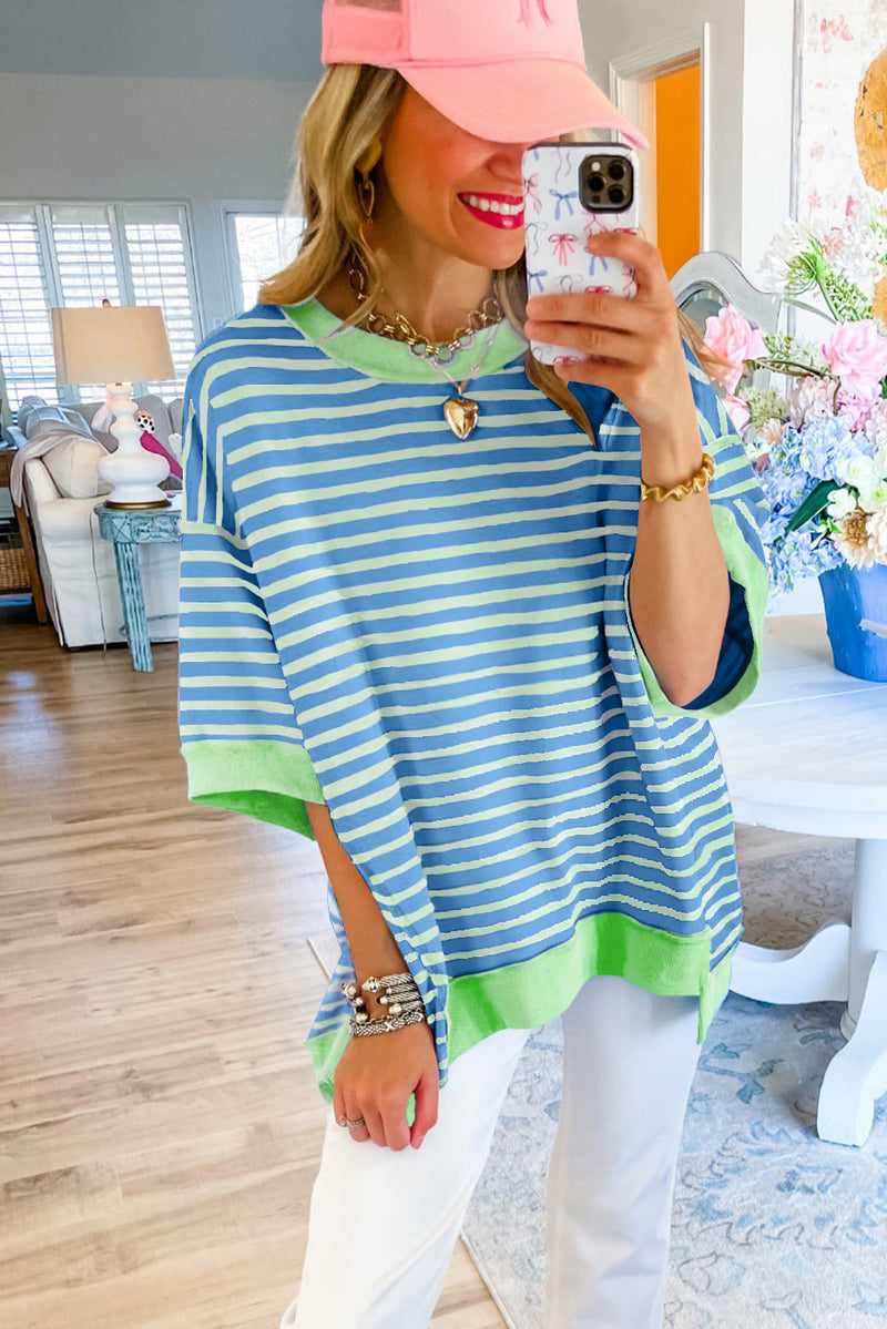 Sky Blue Stripe Oversized Contrast Trim Exposed Seam High Low T Shirt