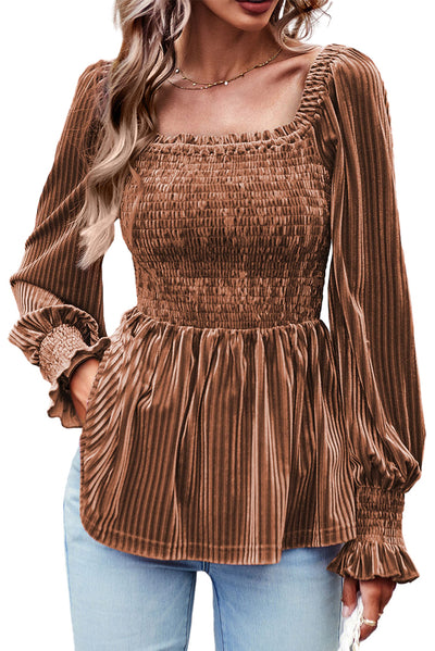 Smocked Ribbed Velvet Babydoll Top