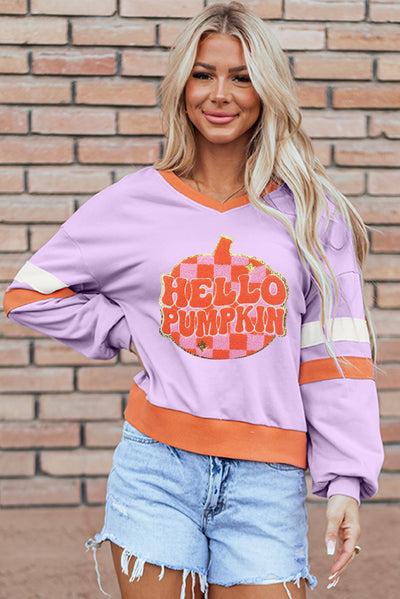 Orchid Bouquet HELLO PUMPKIN Chenille Patch Graphic V Neck Sweatshirt