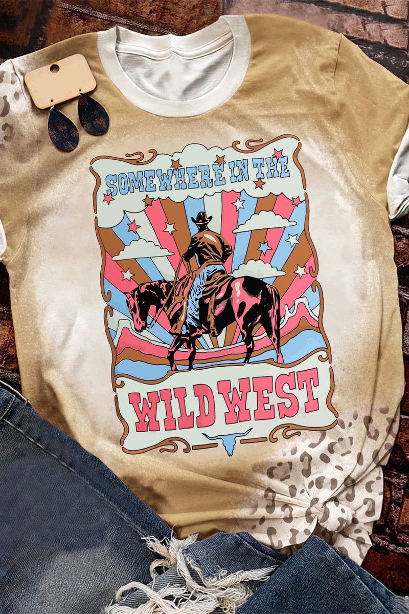 Khaki Bleached WILD WEST Cowboy Leopard Graphic Tee