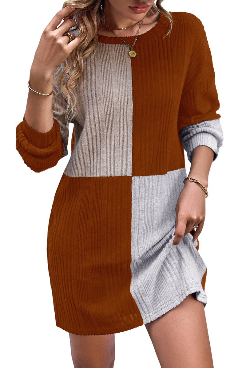 Ribbed Color Block Drop Shoulder Long Sleeve Mini Dress