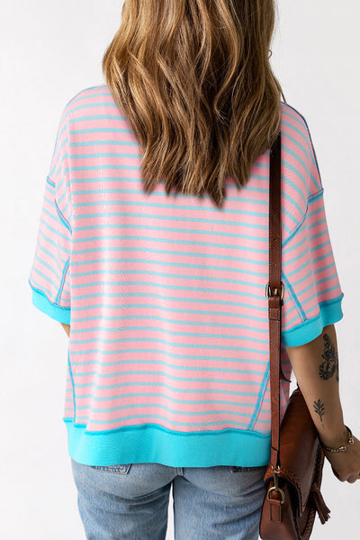 Sky Blue Stripe Oversized Contrast Trim Exposed Seam High Low T Shirt