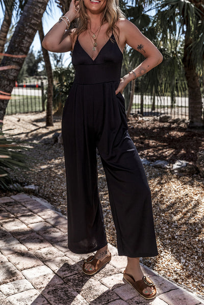 Black Wide Leg High Waist Sexy V Neck Cami Jumpsuit