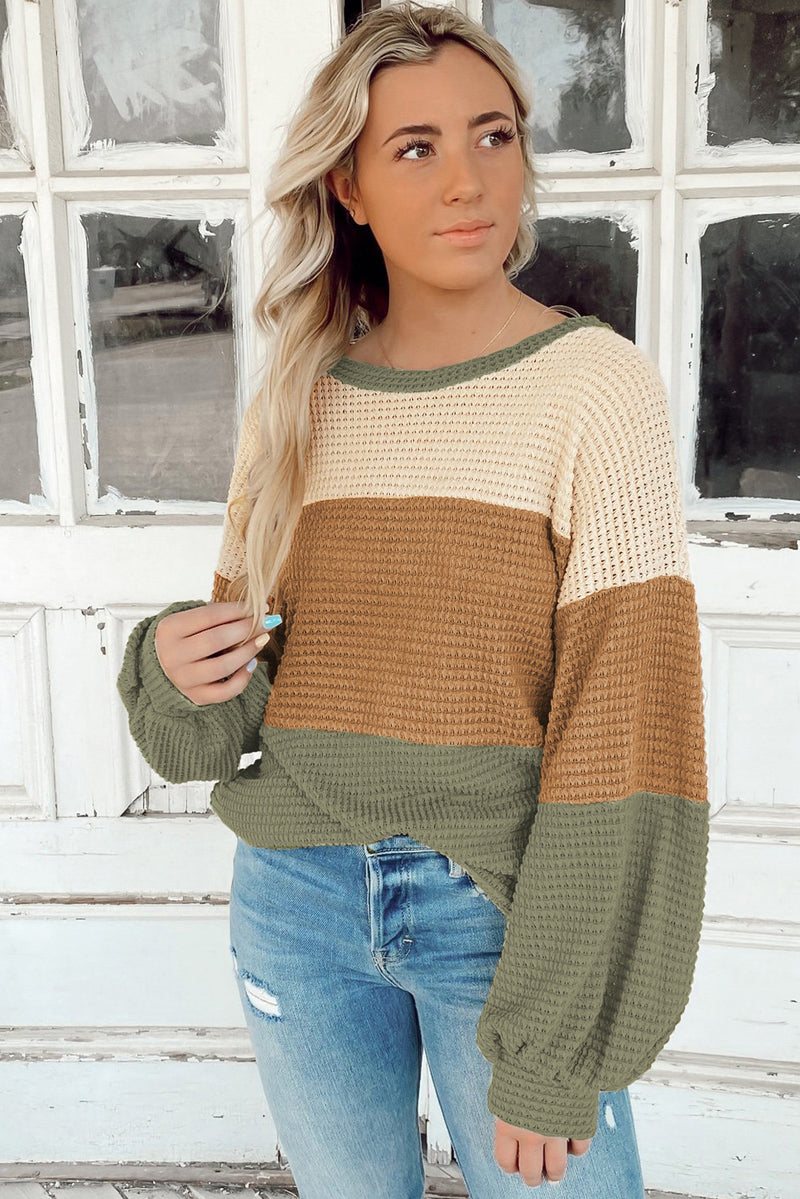 Green Stripe Textured Color Block Bubble Sleeve Baggy Top