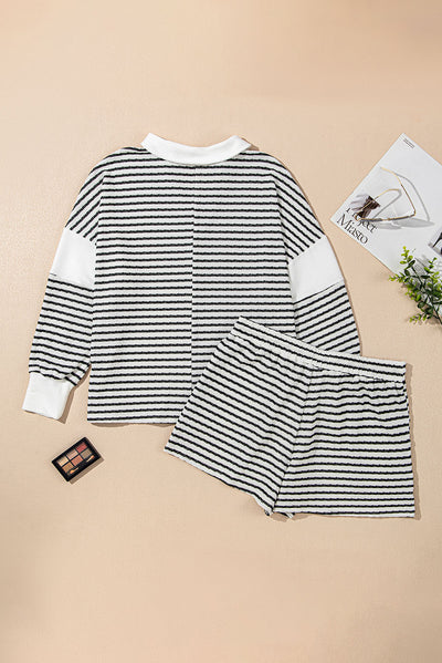 Black Stripe Collared V Neck Long Sleeve Top Plus Shorts Set