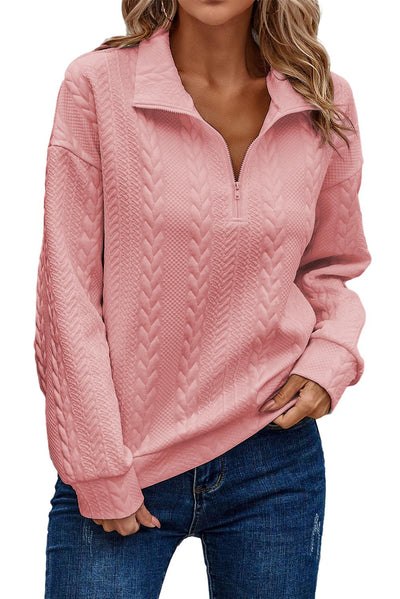 Peach Blossom Zip up Cable Textured Sweatshirt