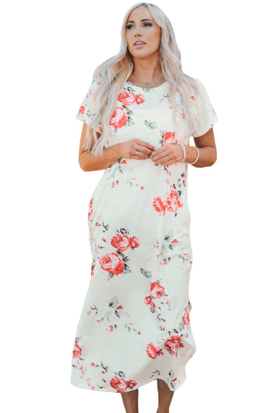 White Floral Print Side Slits T Shirt Dress