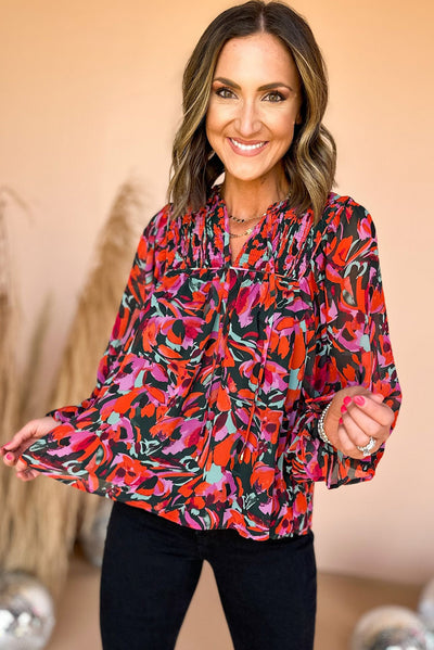 Red Dahlia Abstract Floral Shirred Detail Puff Sleeve Blouse