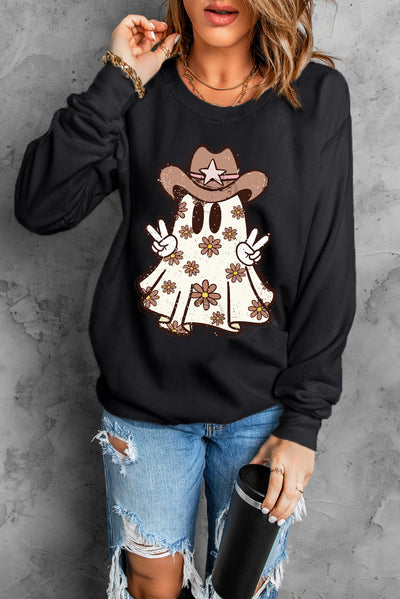 Black Halloween Floral Ghost Print Pullover Graphic Sweatshirt