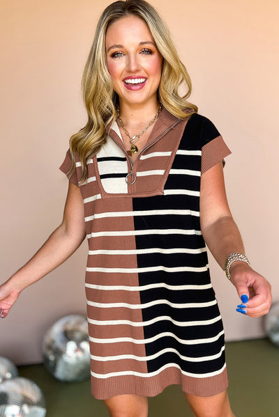 Brown Stripe Color Block Quarter Zip Collar Short Sleeve Sweater Dress