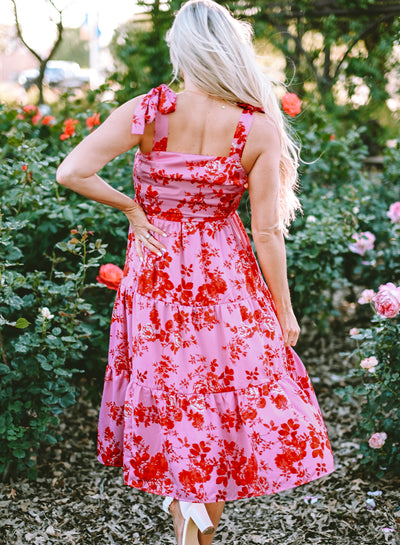 Blue Tie Shoulder Straps Tiered Floral Dress