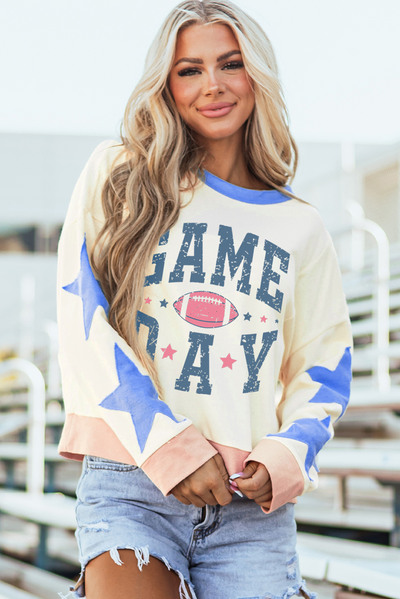 Beige GAME DAY Rugby Football Graphic Contrast Trim Pullover Sweatshirt