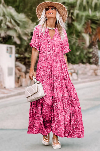 Paisley Print Boho Holiday Ruffle Tiered Maxi Dress