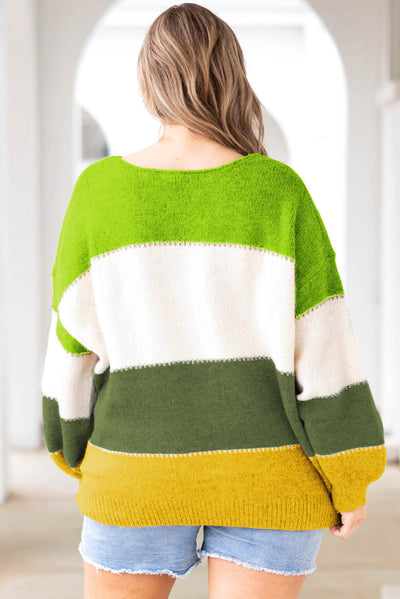 Green Plus Size Color Block Patchwork Sweater