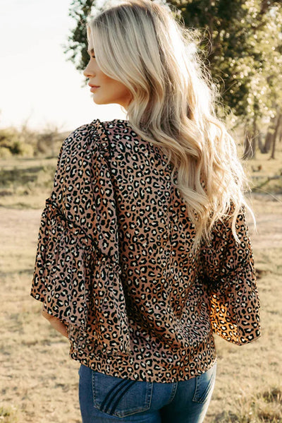 Chestnut Leopard Print Ruffle Wide Sleeve Blouse