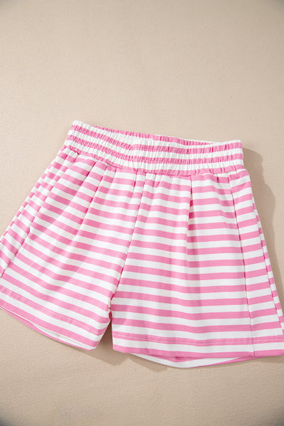 Pink Stripe Kangaroo Pocket Hoodie and Wide Leg Shorts Set