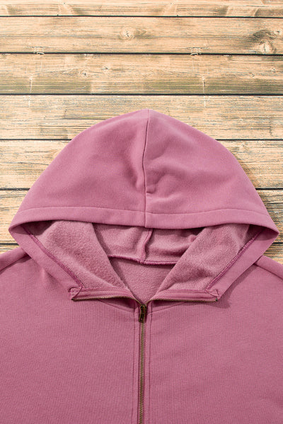 Brown Fleece Lined Half Zipper Kangaroo Pockets Loose Hoodie