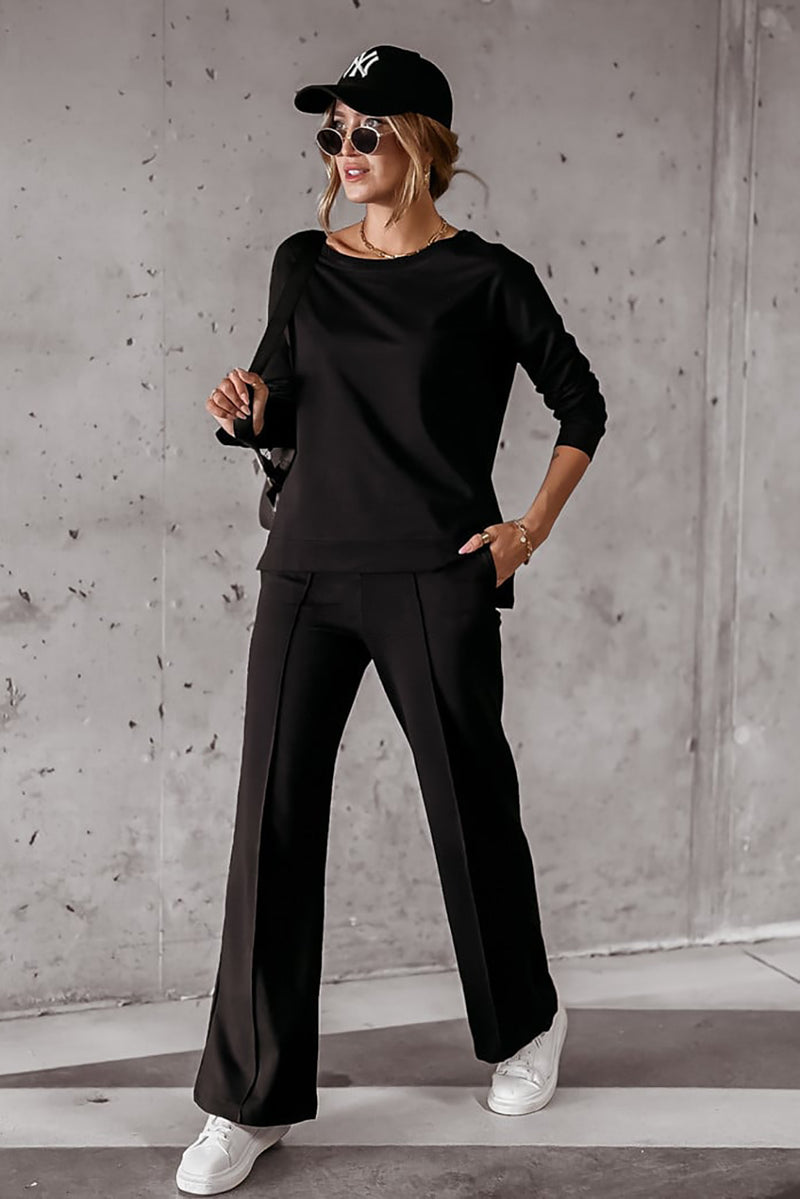 Black Solid Pullover and Seamed Casual Pants Set