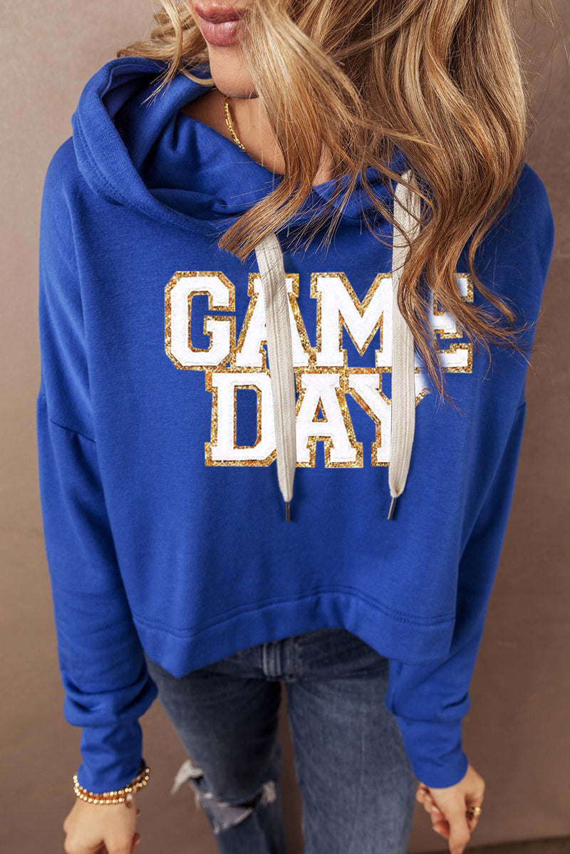 Dark Blue Glittering GAME DAY Patched Cropped Drawstring Hoodie