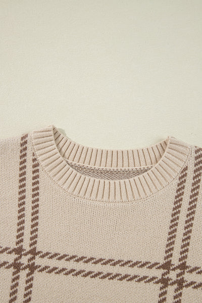 Khaki Plaid Pattern Knitted Drop Shoulder Sweater