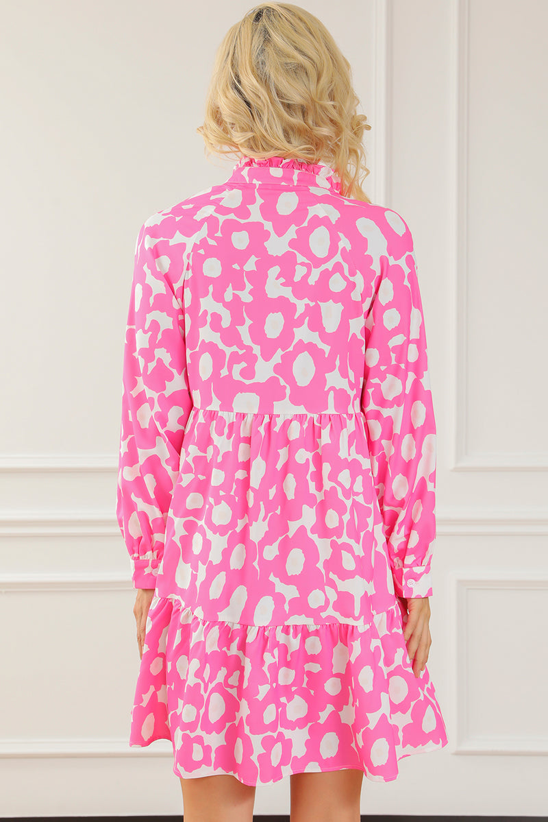 Light Pink Sweet Flower Print Tiered Ruffled Trim Short Dress