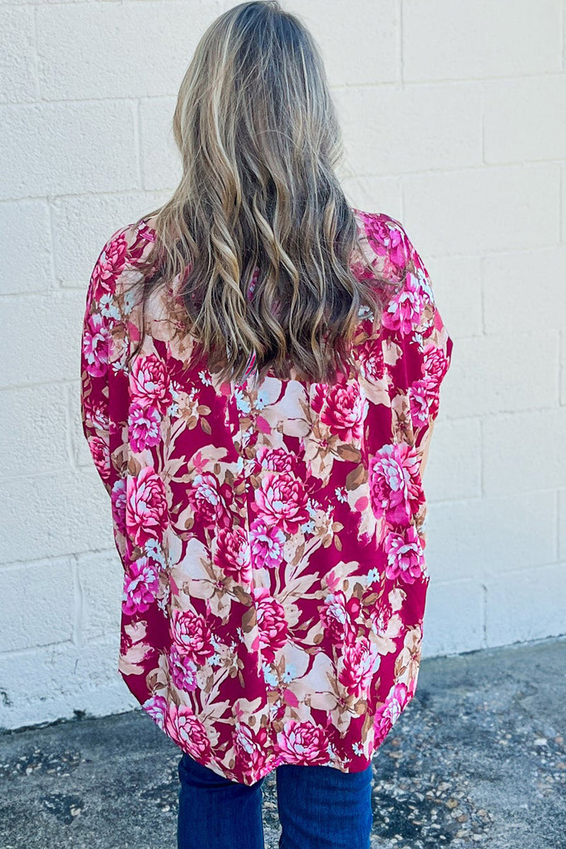 Red Floral Print Short Sleeve Plus Size Blouse