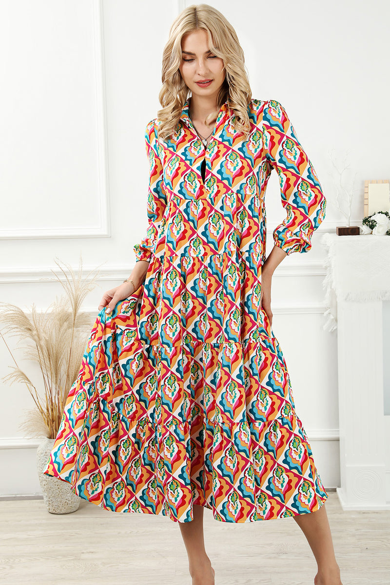 Multicolor Long Sleeve High Waist Dress