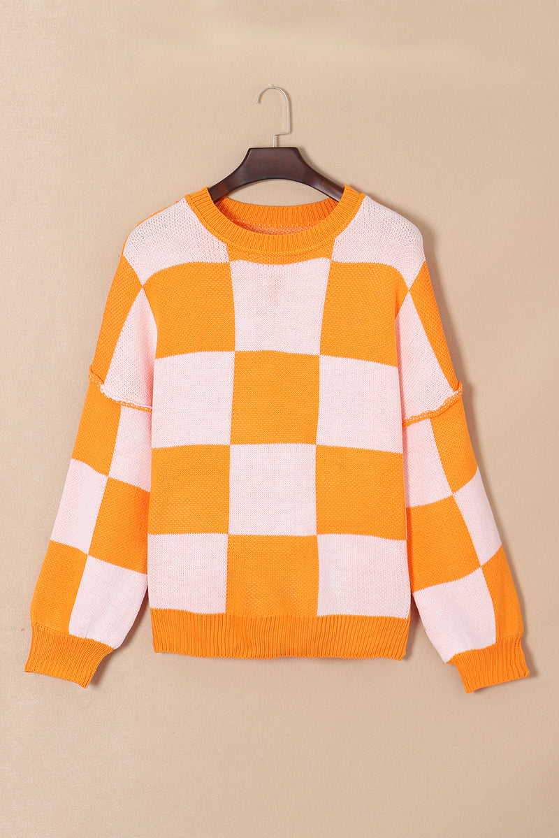 Rose Stripe Checkered Bishop Sleeve Sweater