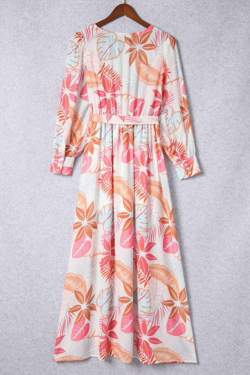 Tropical Plant Print Long Sleeve Wrap V-Neck Slit Maxi Dress