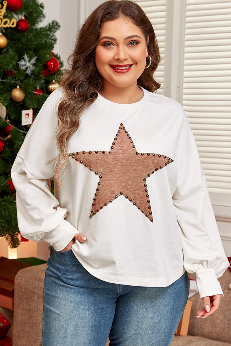 Beige Star Shape Studded Crew Neck Plus Size T Shirt