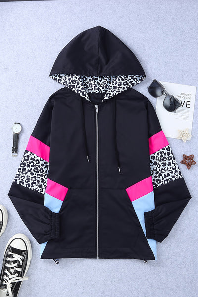 White Leopard Color Block Pockets Zip-up Hooded Jacket
