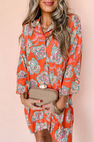 Floral Print Lapel Collar Loose Shirt Mini Dress