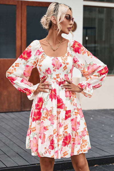 Fiery Red Smocked Tiered Floral Dress