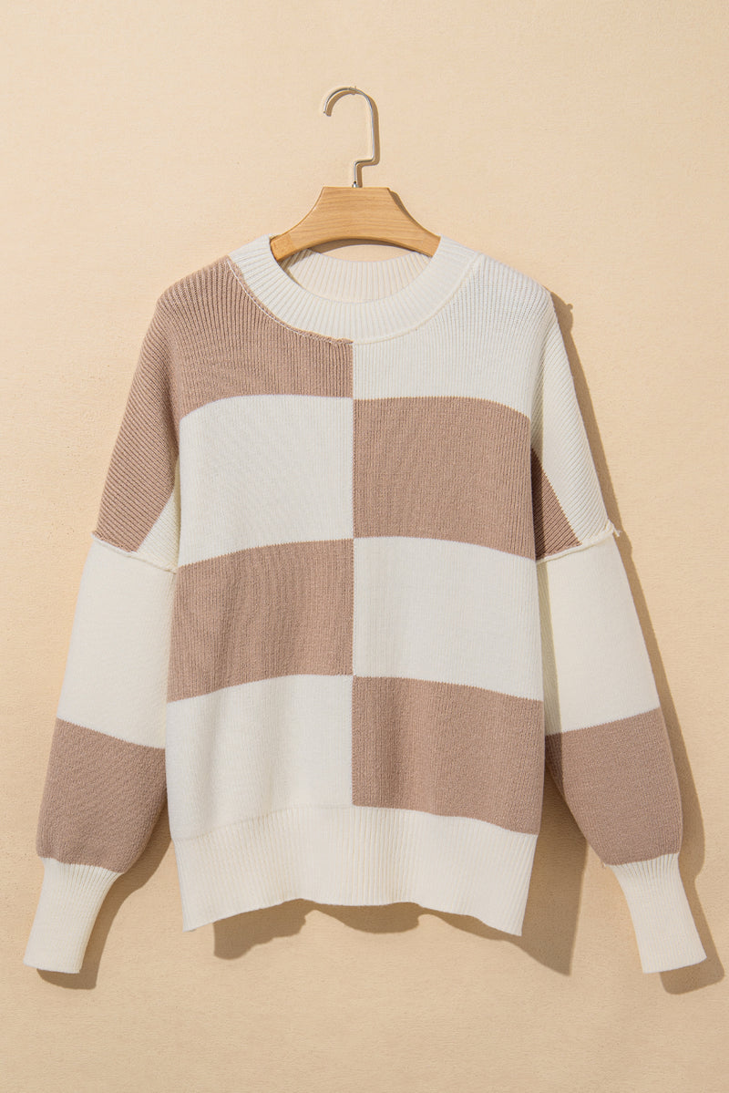 Checkered Side Slits Drop Shoulder Oversized Sweater