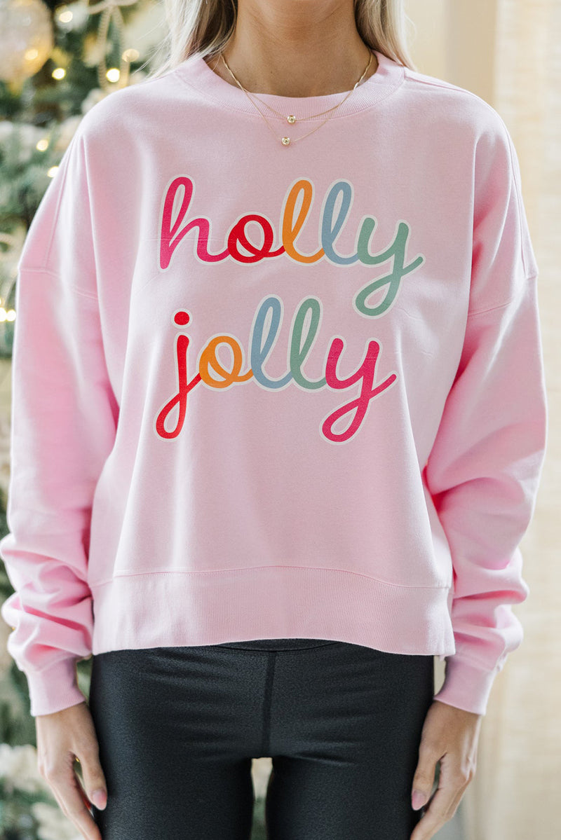 Pink holly jolly Printed Round Neck Christmas Sweatshirt