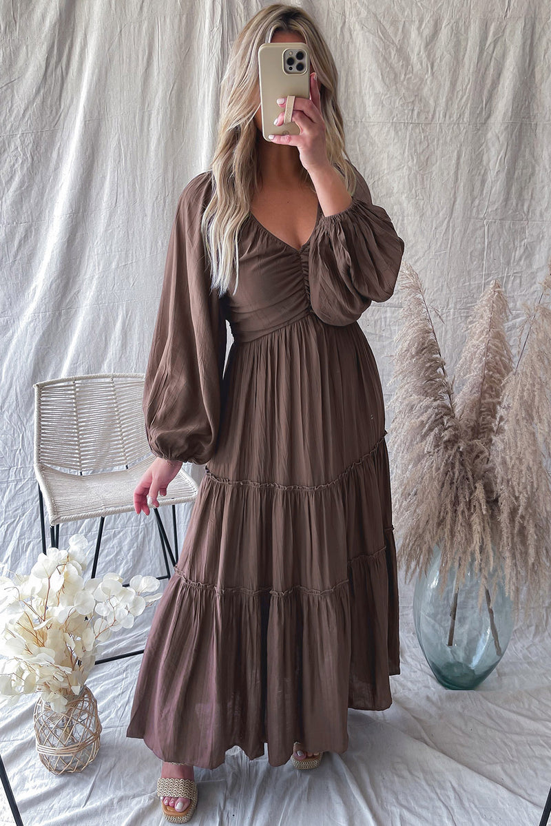 V Neck Bowknot Cutout Frill Tiered Maxi Dress