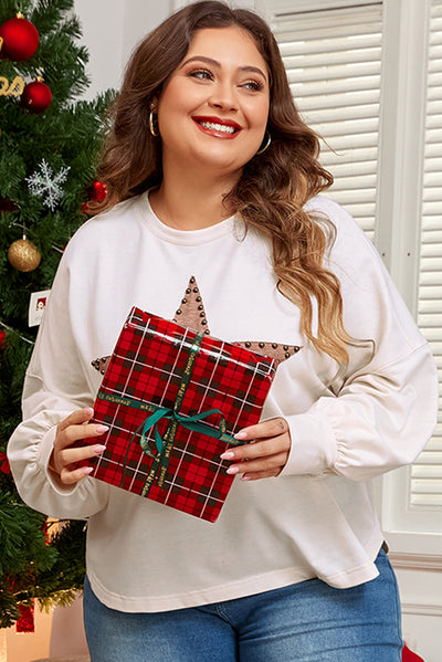 Beige Star Shape Studded Crew Neck Plus Size T Shirt