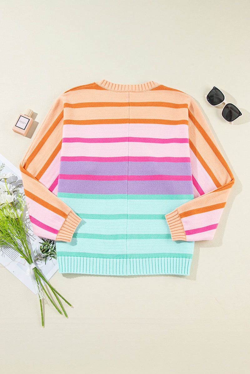 Yellow Stripe Gradient Striped Ribbed Edge Loose Sweater