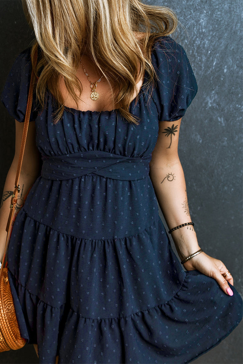 Navy Blue Swiss Dot Jacquard Puff Sleeve Crossover Tied Tiered Dress