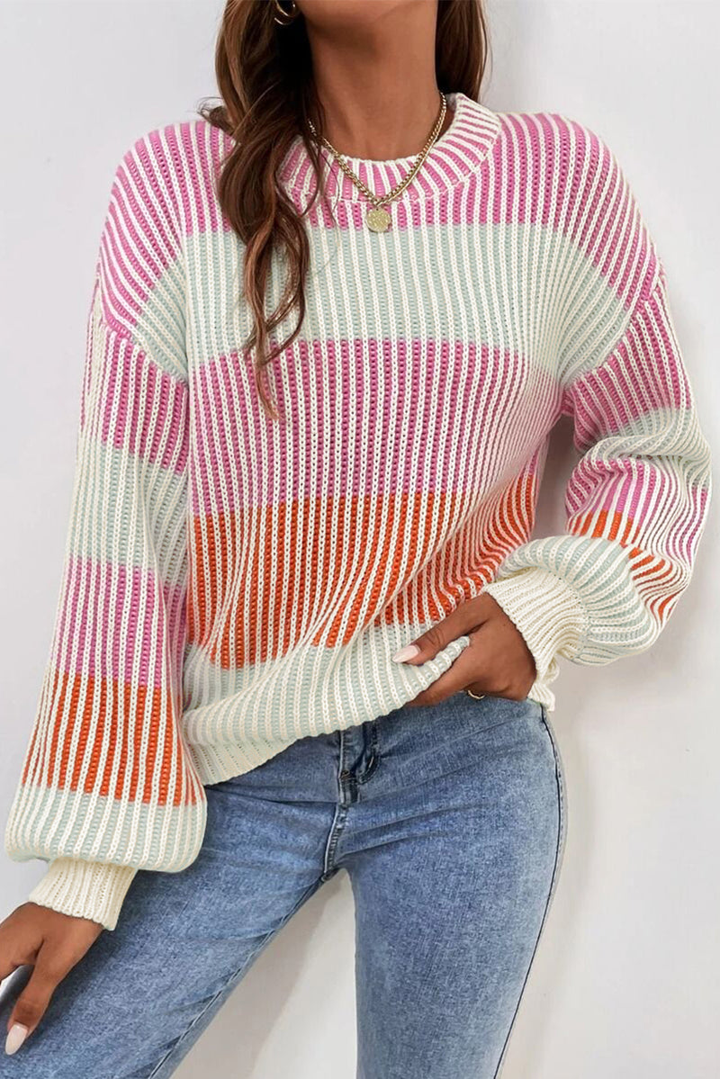 Brown Colorblock Textured Knit Bubble Sleeve Sweater