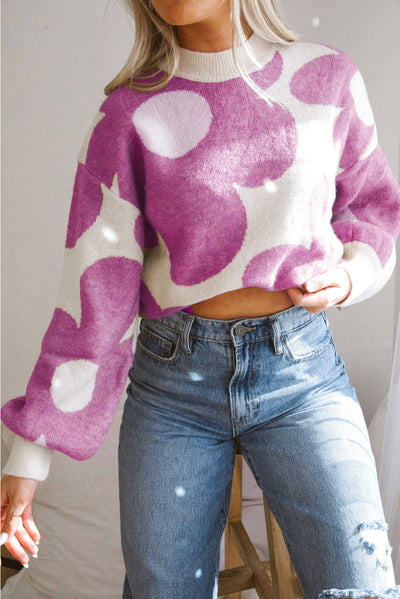 Bright Pink Big Flower Pattern Drop Shoulder Sweater