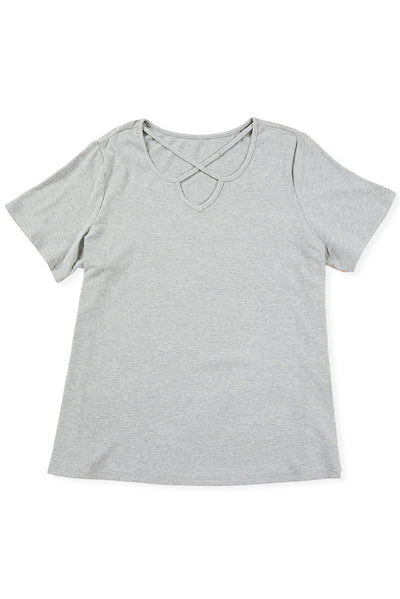 Gray Plus Size Crisscross Ribbed Knit T-shirt