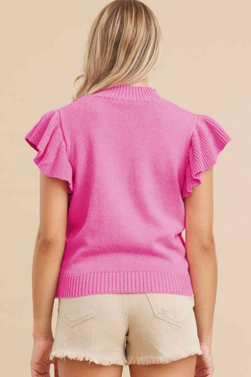 Bonbon Ribbed Mock Neck Ruffled Short Sleeve Sweater