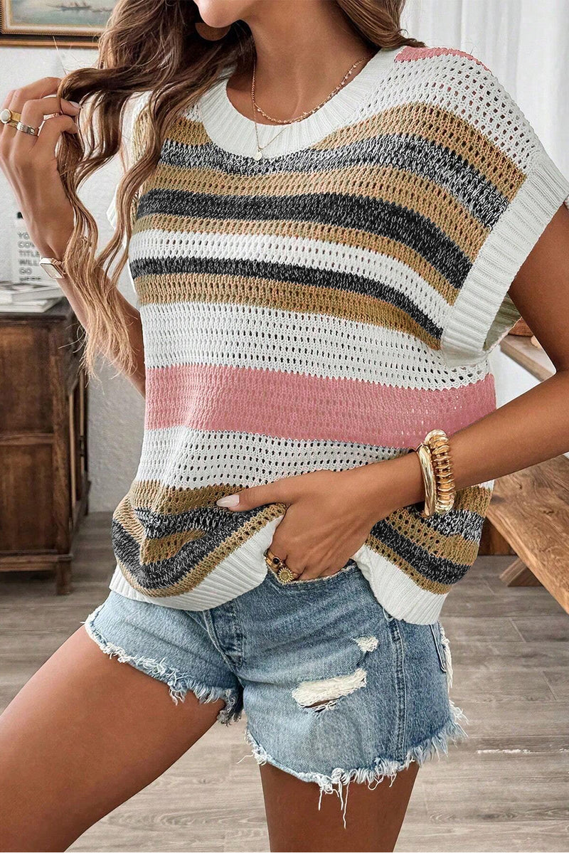 Pink Stripe Color Block Eyelet Knit Short Sleeve Sweater Tee