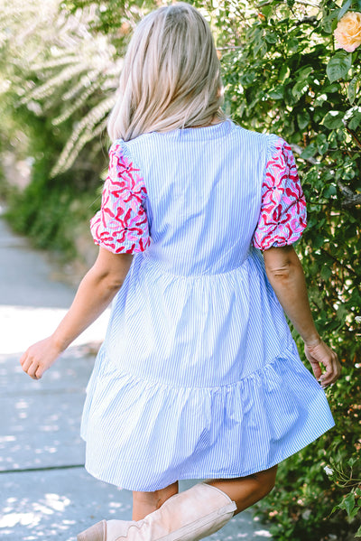 Sky Blue Stripe Contrast Floral Puff Sleeve Tiered Ruffle Dress