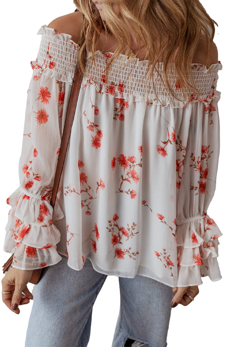 White Floral Print Shirred Off Shoulder Ruffled Sleeve Blouse