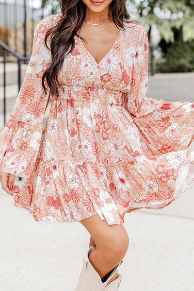 Floral Smocked High Waist Bell Sleeve Mini Dress