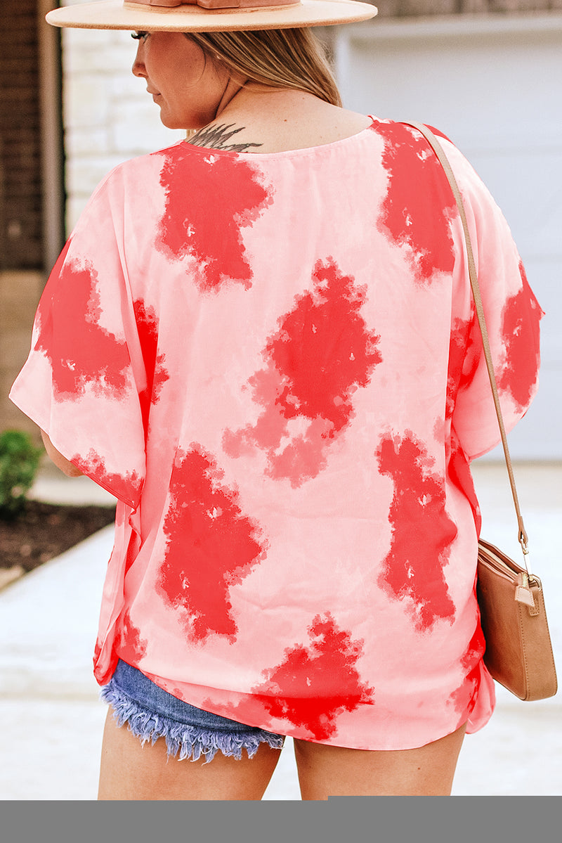 Red Plus Size Tie-dye Print 3/4 Sleeve Tunic Top